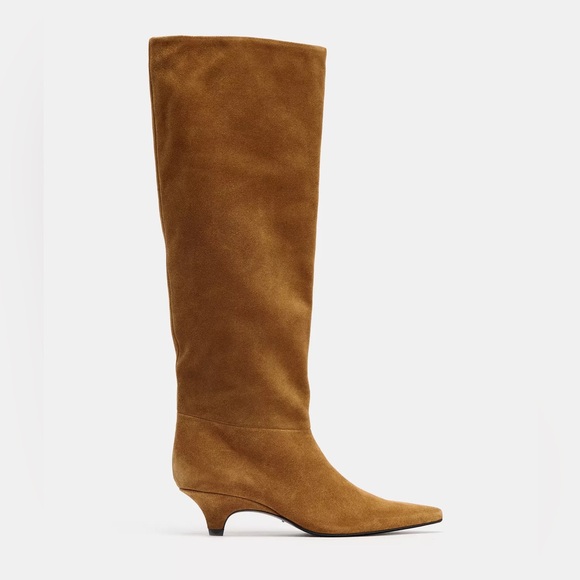 Zara NWT 100% Leather Suede Kitten Heel Wide Leg Knee Boots Pointed Toe 37 / US - Picture 6 of 16